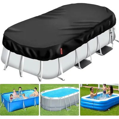 Productafbeelding van Zwembadafdekking, rechthoekig, 410x225 cm, zwart, 420D PU, met trekkoord en grondpennen