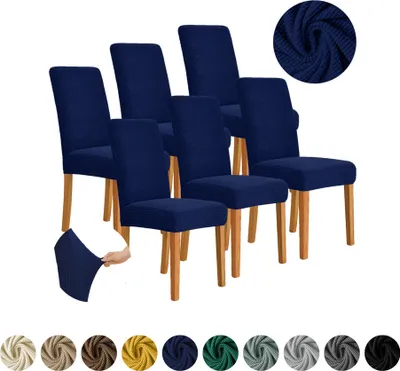 Produktbild von MEBLE ODNOWA, Stuhlhusse, Stuhlbezug, Standardgröße, Jacquard, Navyblau, 6er Set, Karostruktur, elastisch, Stuhlbezüge, Stuhlhussen, maschinenwaschbar