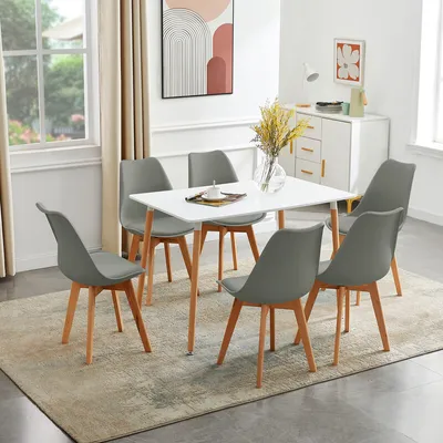 Image de HJ_WeDoo Table de salle à manger 110x70x73cm (blanche) avec 6 chaises (grises) Ensemble de salle à manger Convient pour les restaurants, les bureaux, les salles de réception