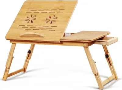 Produktbild von Flamenco Mystique Klappbarer Laptop- und Tablet-Tisch aus Bambus mit Tiefe und Schublade, Maße 50 x 30 cm, höhenverstellbar 17,5 -24 cm