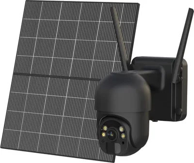A black solar-powered LTE PTZ camera with a solar panel.