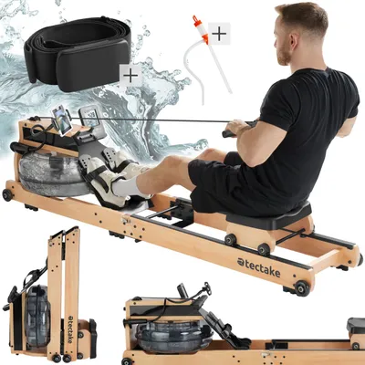 A man is using a wooden rowing machine, with accessories shown separately. The background features water splashes.
