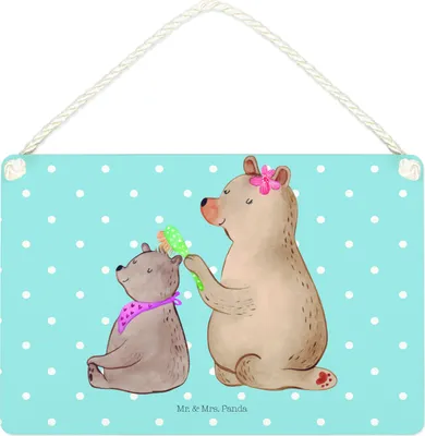 Produktbild von Mr. & Mrs. Panda Schild Bär Kind DIN A4 - Blau Pastell - Geschenk, Familie, Mama, Muttertag, wandtafel, Mutter, holzbild, Holzschild, kleine aufmerksamkeit, Türschild