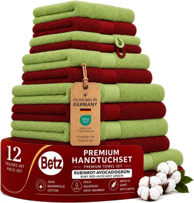Produktbild von Betz Premium Handtuch-Set 12-teilig –100% Baumwolle –®  – Duschtücher, Handtücher, Gästetücher,Waschhanschuhe rubinrot/avocadogrün