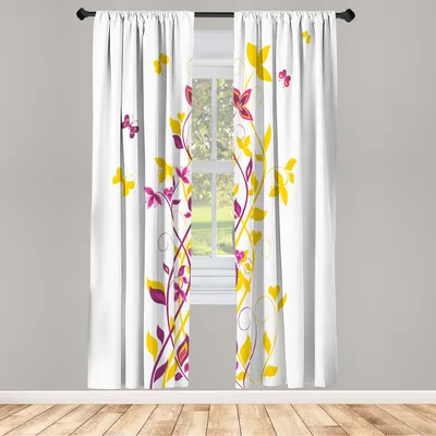 Produktbild von ABAKUHAUS Frühling Vorhänge 2 Panel Set für Wohnzimmer Schlafzimmer Dekor, Violette Baum Wirbelnde Persischer Flieder Blüten Mit Schmetterling Zierpflanze Grafik, 150 cm x 245 cm, Gelb Pink