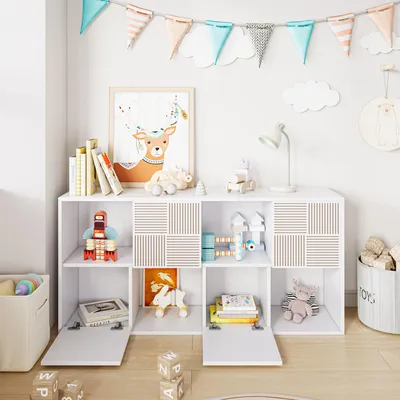Produktbild von Modulares Bücherregal im Holzoptik-Design mit geriffelten Türen, kombinierbar als Hoch- oder Langregal, für Wohnzimmer und Kinderzimmer, weiß, 60x30x125 cm / 125x30x60 cm