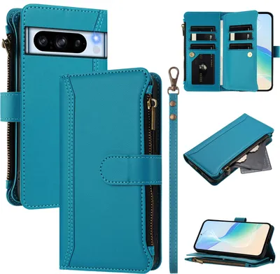 Image de Étui pour Google Pixel 8 Pro, avec fermeture éclair, étui à rabat en cuirPolyuréthaneavec poches pour cartes, support et boucle pour les mains Lake blue