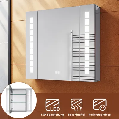 Produktbild von SONNI Aluminium LED Spiegelschrank mit Taktile-Schalter & Steckdose & Anti-Beschlag-Funktion 65x60x13.3cm