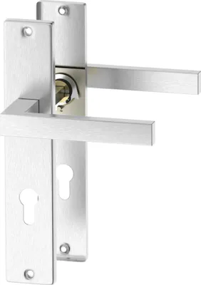 A close-up studio shot of a brushed metal door handle set with a lock mechanism.