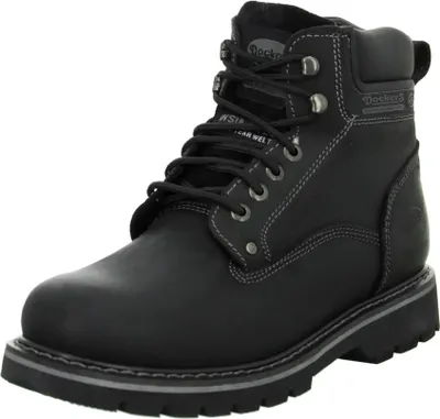 A black Dockers boot is shown against a white background.
