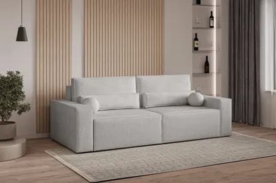Produktbild von Sofa mit Schlaffunktion und Bettkasten, Polstersofa  aus Bouclé, Couch für Wohnzimmer, Sofagarnitur Wohnlandschaft mit BettfunktionSchlafsofa Denver mini - Hellgrau (Anthology 15)