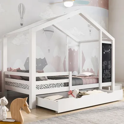 Image de OKWISH Lit Enfant 90x200 cm - Lit Cabane Avec Tiroirs et Tableau, Lit Avec Barrières, Bois Pin + MDF, Sans Matelas, Blanc