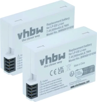 Produktbild von vhbw 2x Akku kompatibel mit Canon EOS 600D, Kiss X6i, 650D, Rebel T2i, 700D, Kiss X5, 550D, Kiss X4, Kiss X7i Kamera (900 mAh, 7,2 V, Li-Ion)