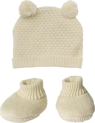 Produktbild von Puppen-Strickset mit Bommelmütze und Strickschuhen ecru 35-45cm