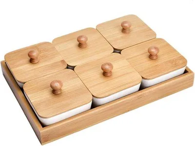 Immagine prodotto di Piatto da portata in Vetroceramica con base in legno per tapas e salse - ideale per snack, frutta secca e dolciumi