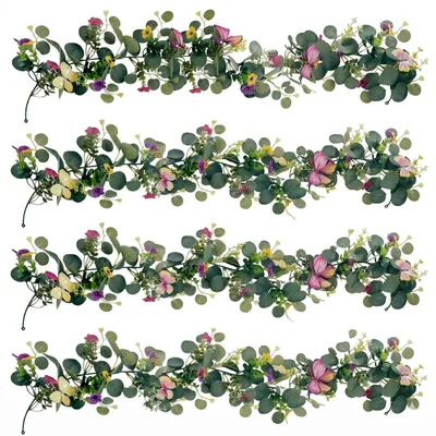 Produktbild von Künstliche Eukalyptus Girlande 4 Stück 5,68ft mit weißen Blumen und 3D Schmetterlingen
