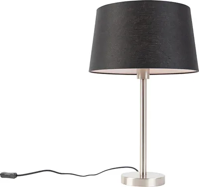 Produktbild von QAZQA - Moderne Tischlampe Stahl I Silber I nickel matt mit schwarzem Schirm 35 cm - Simplo I Wohnzimmer I Schlafzimmer - Textil Rund - LED geeignet E27
