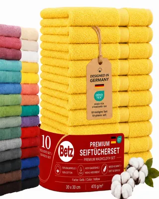 Produktbild von Betz Premium Seiftücher Set 10-teilig – 10× Seiftuch 30×30 cm, 100% Baumwolle 470 g/m², weich & saugstark, ® Farbe gelb, KI-generiertes Bild