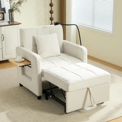 Produktbild von Schlafsessel, Schlafsofa, Chenille Liegesessel, Beiger 2-in-1 Sessel mit Kissen, extra lang, Seitentaschen, Tablett, 5-Fach verstellbare Rückenlehne, 150 kg Belastbarkeit