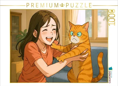 Produktbild von CALVENDO Puzzle Frau umarmt Katze, die das nicht will | 1000 Teile Lege-Größe 64x48cm Foto-Puzzle für glückliche Stunden