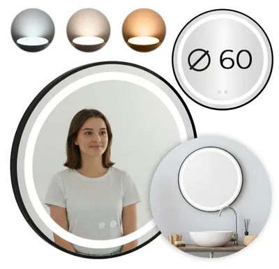 Obrázok produktu pre LED kúpeľňové zrkadlo, okrúhle, nástenné, 60 cm, 3 farby, funkcia proti zahmlievaniu, dotykové ovládanie, ModernHome