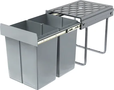 A pull-out kitchen waste bin system with two compartments, shown extended from a cabinet.