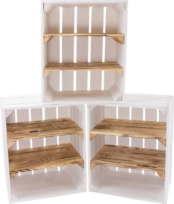 Three white wooden crates with wooden shelves, arranged in a stacked configuration.