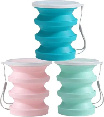 Produktbild von Silikonische, stapelbare und herstellbare Campingbecher-Set mit Deckel und tragbarem Design - Set aus 3 - ideal für Camping, Reisen und Outdoor-Aktivitäten