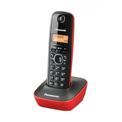A cordless phone with a red and black handset sits on its charging base.