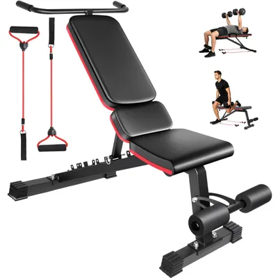 Image de Banc d'haltères - 7 positions - Inclinaison et déclinaison réglables - Charge maximale de 120 kg - Structure en acier - Supports pour les pieds - Noir/Rouge