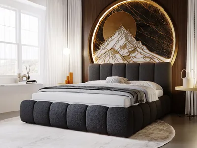 A modern bedroom with a large upholstered bed as the focal point, featuring a striking circular wall art above the headboard.
