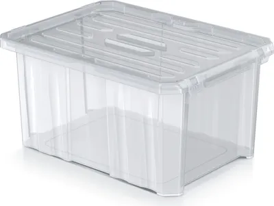 A clear plastic storage box with a lid.