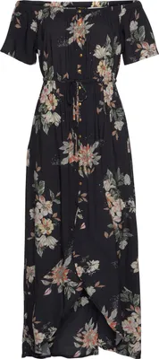 Produktbild von LASCANA Maxikleid im angesagten Vokuhila-Schnitt und Carmenausschnitt schwarz-bedruckt Größe 44