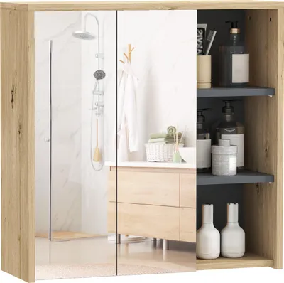 Image de HOMCOM Armoire de salle de bain avec miroir, armoire de toilette miroir montage mural avec 3 étagères ouverts et 2 portes, 60 x 20 x 60 cm, bois naturel