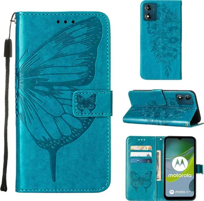 Produktbild von Lederhülle für Motorola Moto E13 Schmetterling Prägung Flip Ledertasche Kartenfächer Handyhülle mit Ständer Blau