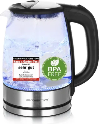 Produktbild von Emerio Glas Wasserkocher mit max. 1.7 Liter | SIEGER PREIS & LEISTUNG vom Haus & Garten Test 02/2019 | LED Innenbeleuchtung | 360° Basis | 2200W
