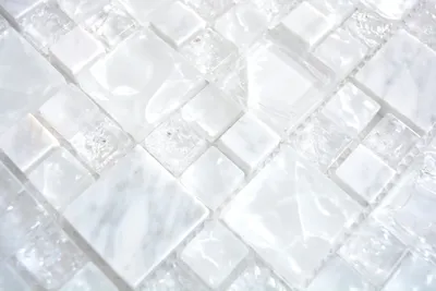 Produktbild von Handmuster Mosaikfliese Transluzent weiß Kombination Glasmosaik Crystal Stein weiß MOS87-v1411_m