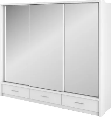 Produktbild von Furniture24 Schwebetürenschrank Kleiderschrank Schiebetürenschrank AR-01 ARTI Garderobenschrank mit Spiegel 3 Schubladen 3 Spiegeln und Beleuchtung Weiß Matt, 250 cm breit