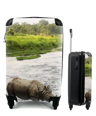 Produktbild von MuchoWow® Koffer Handgepäck Trolley Rollkoffer Kleine Reisekoffer mit 4 Rollen - Nashorn im Wasser - Cabin Size < 55x40x23 cm & 55x40x20 cm - Fotokoffer - Kabinenkoffer - Boardgepäck - Reise-Box - Reisekoffer - Reisegepäck - Koffer mit Bild - Trolley für Kinder