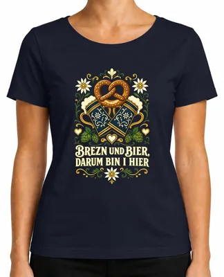 Immagine prodotto di Birra e Bretzel, per questo sono qui. Maglietta a tema tradizionale, pantaloni di pelle, abito tradizionale da donna. Maglietta, colore blu navy, taglia M