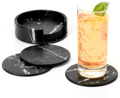 Produktbild von Premium Leder Glasuntersetzer mit Halter 6-er Set Tassenuntersetzer Geschäftsuntersetzer für Bar Büro Zuhause Marmor (Schwarz)