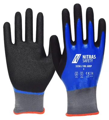 Produktbild von NITRAS Nylonhandschuh OIL GRIP 3550 vollbesch. Nitril, blau, gesandet, Gr.11, Schutzstufe:CAT2, Größe:8