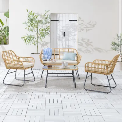 Produktbild von home24 Loungeset - 4-teilig - Polyrattan / Polyester - Braun / Beige