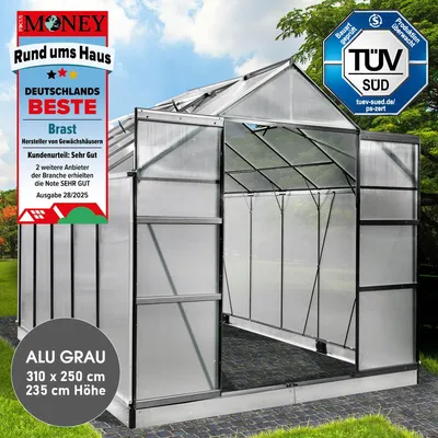 Produktbild von BRAST Gewächshaus Aluminium mit Fundament | 310x250x235cm | 6mm Hohlkammerplatten | rostfrei wetterfest temperaturbeständig | Grau