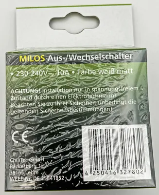 Produktbild von ChiliTec 22772 MILOS Wechsel-Schalter, UP, weiß matt 250V/ 10A, inkl. Rahmen, Steckanschluss