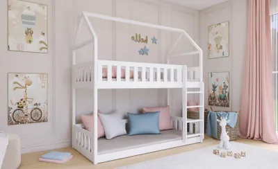 Produktbild von Hochbett Kinderbett Hausbett PAULINE für 2 Kinder 90x200 Weiß« (inkl. Lattenrost, 2 Schubladen und Rausfallschutz unten gratis, Ohne Matratzen