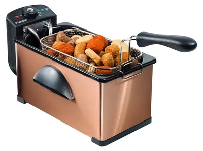 Produktbild von Bestron Öl-Fritteuse mit Kaltzonentechnologie, 3,5 Liter, inklusive Sichtfenster & Temperaturregler, spülmaschinengeeignet, 2000 Watt, Farbe: Kupfer