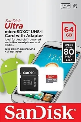 Image de Carte mémoire SanDisk SDSQUNC-064G-GN6MA Ultra 64 Go Android microSDXC + adaptateur SD jusqu'à 80 Mo/s, classe 10