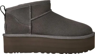 A side view of a gray UGG boot with a platform sole.