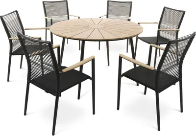 Produktbild von di volio Gartenmöbel ACONA, Gartenmöbel-Set für 6 Personen - runder Esstisch & 6 Stühle, aus robusten Materialien, stapelbare Stühle mit Armlehnen